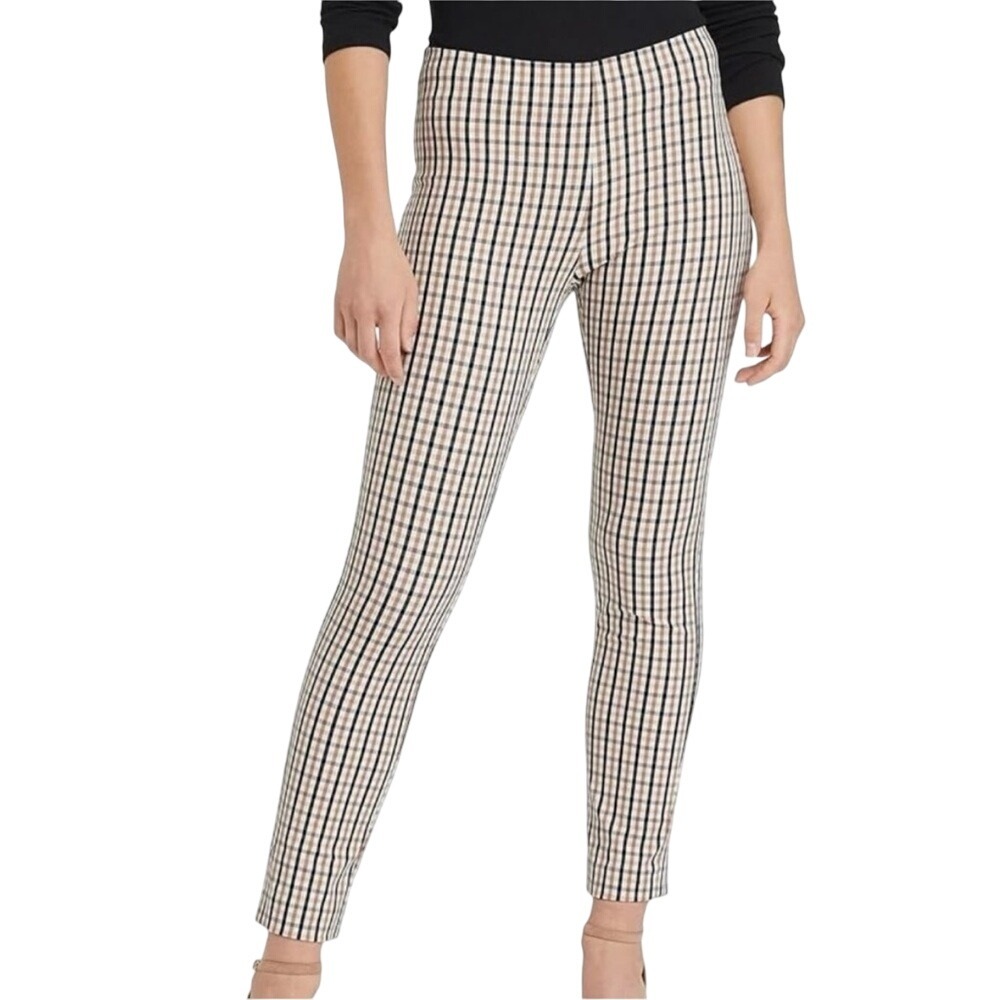 A New Day Skinny Pants Womens 10‎ Tan Plaid High Rise Side Zip Stretch Ankle